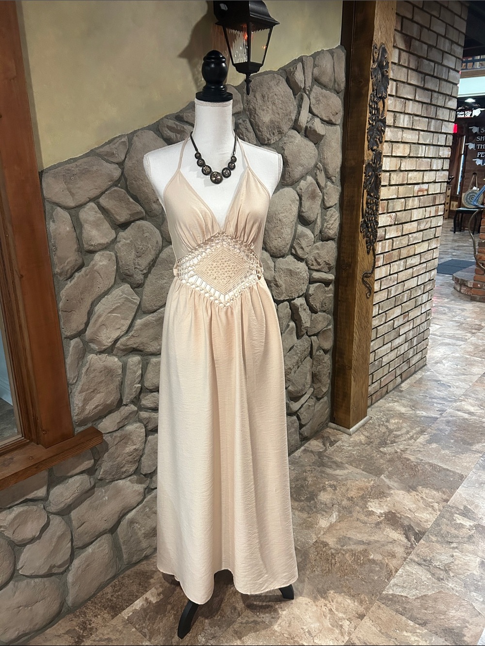NWT Cream Crochet-Waist Halter Maxi Dress M